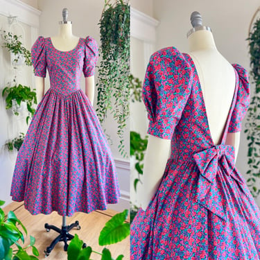 Vintage 1980s Dress | 80s LAURA ASHLEY Floral Print Cotton Puff Sleeve Big Bow Full Skirt Midi Tea Dress (x-small/small) 