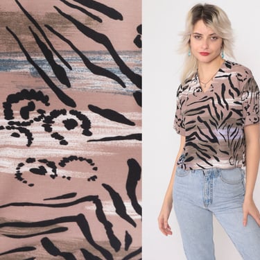 90s Animal Print Tshirt Abstract Tiger Stripe Top Short Cuffed Sleeve Blouse V Neck Black Taupe Retro Vintage 1990s Petite Small S 
