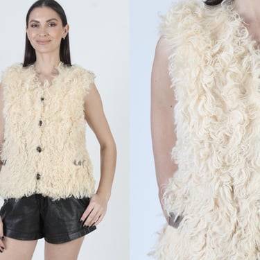 Real Curly Lamb Vest, 70s Mongolian Fur Jacket, Real Shaggy Sleeveless, Unisex Mens Womens Fit 