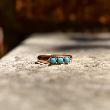 Victorian 14K Rose Gold Turquoise Seed Ring, 3-Stone Band Ring, Estate Jewelry, 7 US 