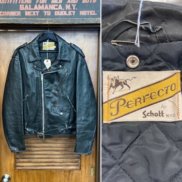 Vintage 1970’s “Schott Perfecto” Black Steerhide Leather Motorcycle Jacket, Size XL, Great Shape, 70’s Vintage Clothing 