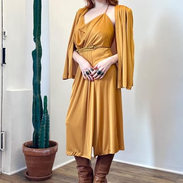 Vintage 1970s Dress / 70s Halter Dress And Jacket Set / Mustard Yellow ( medium M ) 