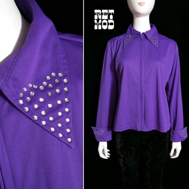 Fantastic Vintage 80s 90s Purple Collared Shirt with Zip Front and Rhinestone Hearts 