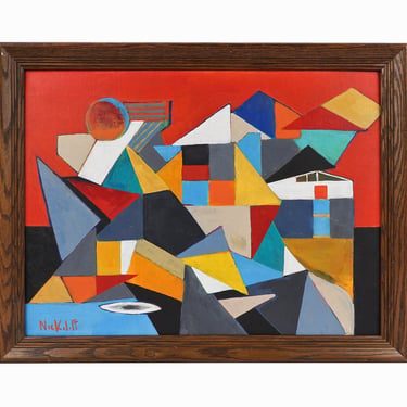 Cubist Acrylic Painting on Canvas Board Mid Century Modern 
