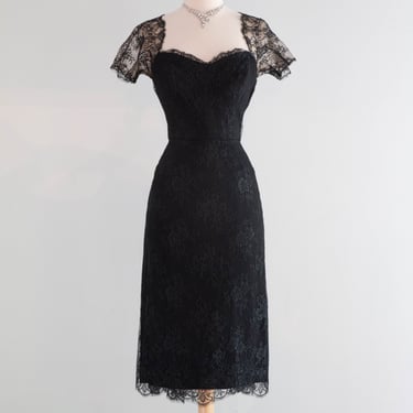 Glamorous 1950's Black Lace Cocktail Dress By Estevez / Medium