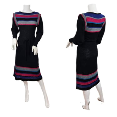 1980s Black Pink Striped Nubby Boucle Sweater Dress I Sz Med I 80s does 40s 