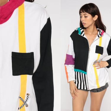 Color Block Hoodie Jacket 80s 90s Zip Up Track Jacket Striped Hooded Retro Warmup Sweatshirt 1990s Vintage Streetwear Hood Medium M 