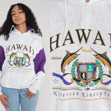 Maui Hawaii Sweatshirt Heather Grey Quarter Zip Sweatshirt 90s Sweatshirt Graphic Print 1993 Pullover 1990s Shirt Vintage Medium Large 