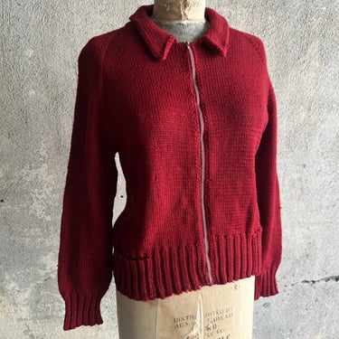 Vintage 1930s Red Knit  Sweater Cardigan Talon Zip Up Hip Pockets Coat Jacket