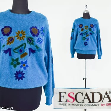 1990s Turquoise Blue Mohair Sweater | 90s Blue Flowered Knit Pullover | Escada | Medium 
