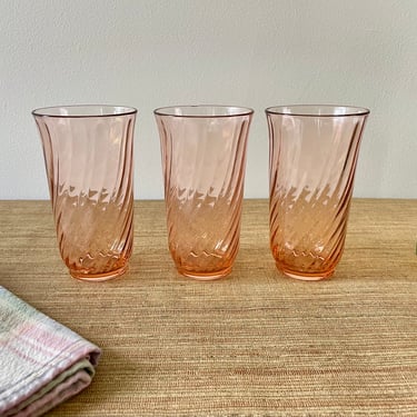 Vintage Arcoroc Pink Glass Tumblers - Rosaline Pink Swirl Water Glasses - French Arcoroc Glassware - Luminarc Pink Glass 