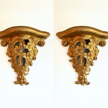 pair Syroco gold ornate vintage wall shelves sconces plate rack - option faux verdigris finish 
