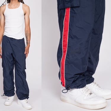 90s Navy Blue Striped Nylon Track Pants - Men's Large | Vintage Sweatpants Athletic Wear Joggers 