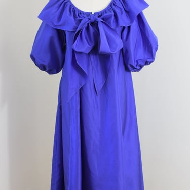 Vintage 1970s Blue Tafetta Puff Sleeve Dress | M | 70s Tent Dress with Pockets, Ruffle Collar, Balloon Sleeves 