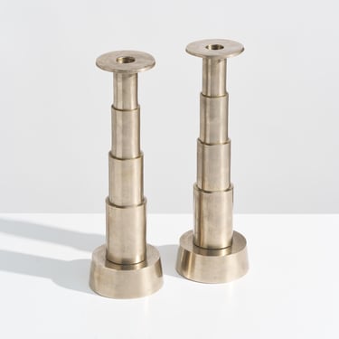 Pair of Vintage Machine Age Tiered Steel Candle Holders // TALL Stacked Silver Chrome Toned Taper Candlestick Holders // Set of 2 