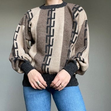 Vintage Hand Knit Alpaca Wool Geometric Peruvian Brown Oversized Sweater Sz L 