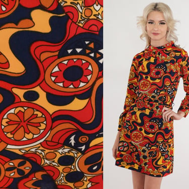 Psychedelic Dress 60s Mod Mini Dress Groovy Abstract Floral Print Long Sleeve Mock Neck High Waisted Shift Felted Cotton Vintage 1960s Small 