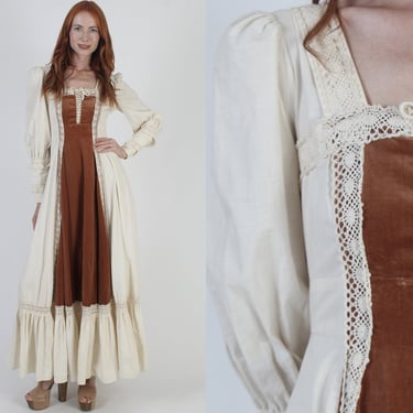 Gunne Sax Brown Velvet Maxi Dress Vintage 70s Cottagecore Corset Gown Bohemian Jessica McClintock Medieval Times Dress 