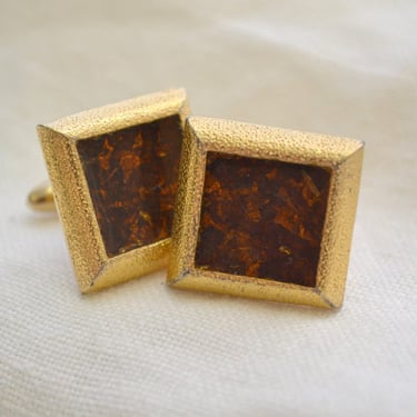 1960s Hickok Brown Resin and Gold Square Cuff Links 