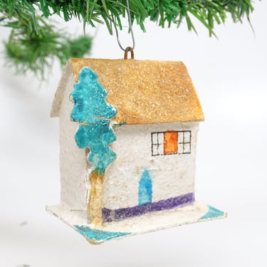 Antique 1940's Christmas Ornament, Vintage Glittered Cardboard House, Retro MCM Holiday Decor 