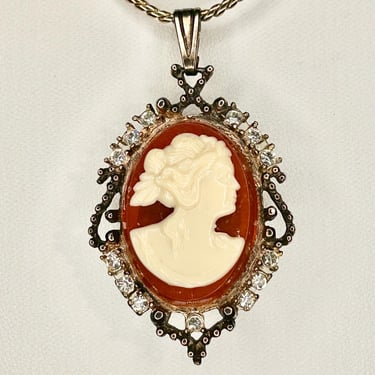 Vintage Cameo Pendant Necklace Brooch Rhinestone Gold Tone Chain Victorian Style 