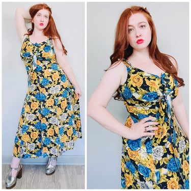 1990s Vintage Ariana Rayon Floral Tie Front Midi Dress / 90s / Nineties Button Front Blue and Yellow Day Dress / Size Large 