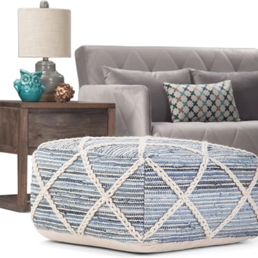Cowan Boho Square Pouf in Blue, Natural Handloom Woven FFW258-637