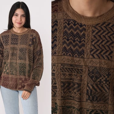 80s Geometric Sweater Brown Checkered Print 90s Knit Jumper Acrylic Wool Chevron Zig Zag Vintage 1980s Pullover Crewneck Men's Large L 