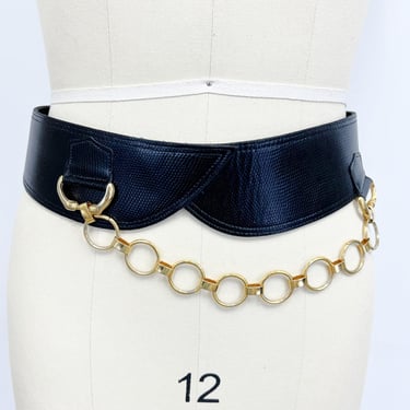 Vintage 1980s Statement Belt | Black Leather and Gold Chain Back Fastening | Size Medium 