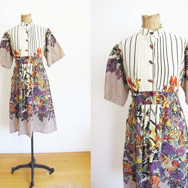 Vintage 70s Floral Striped Dress S M - Tropical High Neck Wide Sleeve Midi Dress - Empire Waist - Bohemian Hippie Multicolor Sundress 