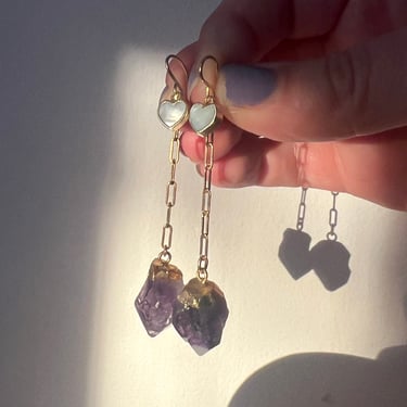 Handmade Earrings Amethyst Chain Drop Dangles with Pearl Heart 