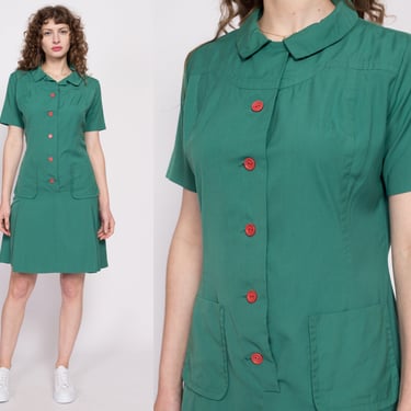 1960s Girl Scouts Uniform Mini Dress - Medium | Vintage Green Button Up Short Sleeve Scooter Dress 