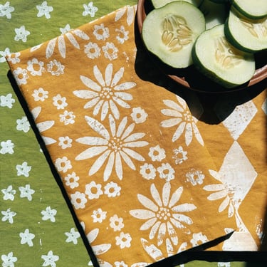 linen dinner napkins. fall florals on mustard yellow. hand block printed. placemats / tea towel. hostess gifting. dinner party decor. 