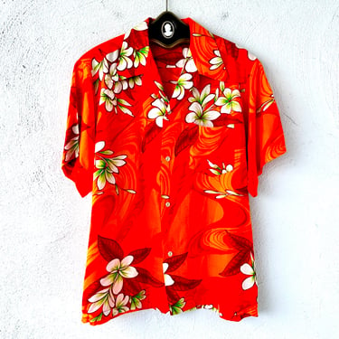 Vintage 60s 70s Hawaiian Neon Floral Aloha Shirt Large Collar 1960s 1970s Hawaii Barkcloth Collared Men’s Top 