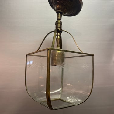 Semi Flush Vintage Brass Foyer Light with Starburst Details in the Glass