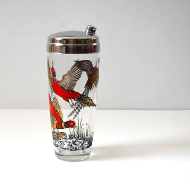 Vintage Glass Cocktail Shaker with Flying Pheasant Graphics, Retro Barware 