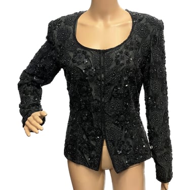 Leslie Fay Black Sequin Top, Black Lace Beaded Top,Vintage Black Beaded Top, Evening Sequins Blazer, Cocktail Attire, Made in India 