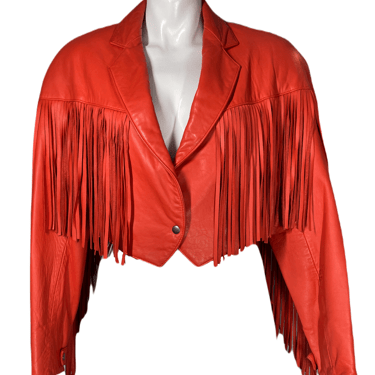 1980’ Electric Orange Cropped Leather Fringe Jacket Size M