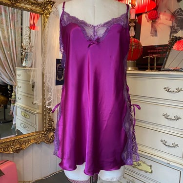 1980s purple satin nightie open lace up sides large 80s lingerie nightgown plus 