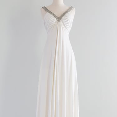Ethereal 1970's White Wedding Dress With Rhinestone Pearl Neckline &amp; Cape / XS