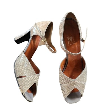 1970s Shoes Beige Mary Jane High Heel Sandals Snakeskin Joseph 