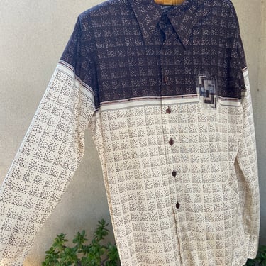 Vintage 70s men’s disco button shirt beige browns geometric print sz XL by Chemise et cer 