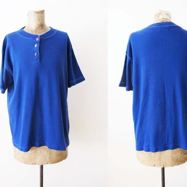 Vintage 90s Fruit Button Henley Shirt M - 1990s Liz Sport Bright Blue Button Neck Solid Color Top 