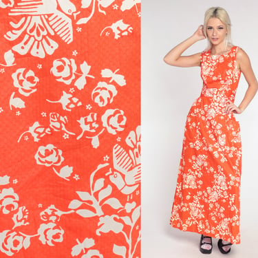 Floral Maxi Dress 70s Orange Bird Print Dress Long High Waist Boho Print Hippie Bohemian 1970s Sleeveless Dress Vintage Extra Small xs 