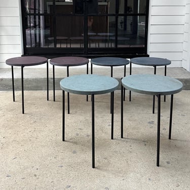 Custom blackened steel 3 leg side tables with vintage slate tops. Shipping not free. Price per 2 