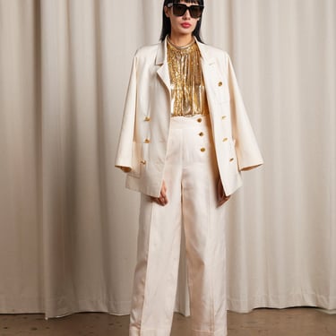 CHANEL 80s Cream Silk Pant Suit with Elephant Buttons