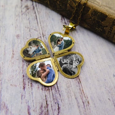 Gold Heart Locket Necklace Family Photo Necklace with Photos Folding Locket Family Tree Clover Locket 