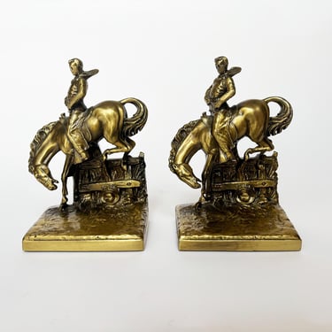 1960s Vintage PM Craftsman Western Cowboy Brass Bucking Horse Bookends 