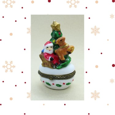 Vintage Christmas Trinket Box - Mini Hinged Porcelain Santa with Reindeer Figurine - 70s 1970s 80s 1980s Era Holiday Decor 