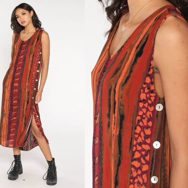 90s Grunge Dress Abstract Striped Print Midi Sundress Sleeveless Button Side Tank Dress Boho Casual Red Orange Vintage 1990s Rayon Small S 